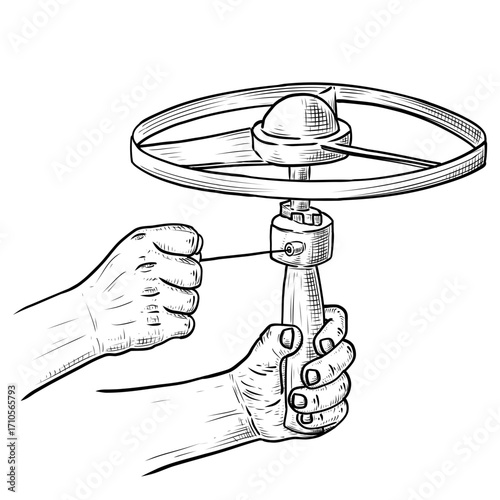 Hand drawn sketch of spinning gyroscope toy illustration