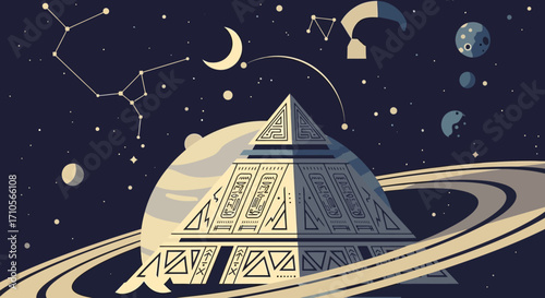 Ancient alien pyramid structure on a ringed planet.