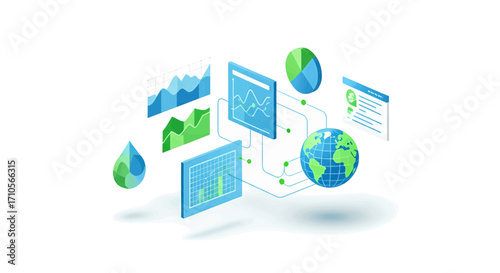 Isometric illustration of global data analysis and digital technology with charts and graphs