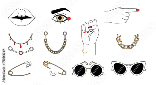 Illustration showcasing lips eye hands jewelry and eyewear accessories