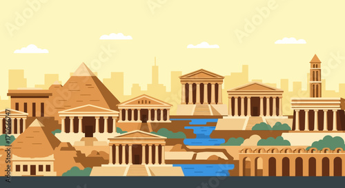 Ancient Civilizations - Pyramids, Temples, and Historical Landmarks in Vector Art.