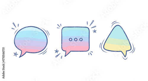 Three pastel speech bubbles with different shapes and doodle decorations