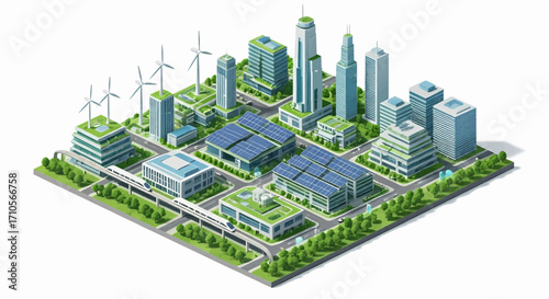 Futuristic sustainable city skyline with renewable energy sources and green infrastructure
