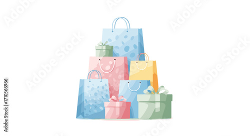 Watercolor illustration of a stack of shopping bags and gift boxes
