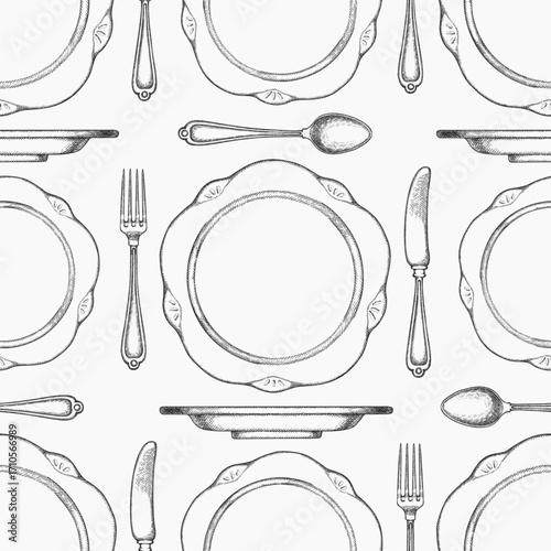 Vintage Hand Drawn Vector Seamless Pattern of Cutlery. Not AI Generated.  Fork Spoon Knife Plate Kitchen Utensils Old Style Illustration