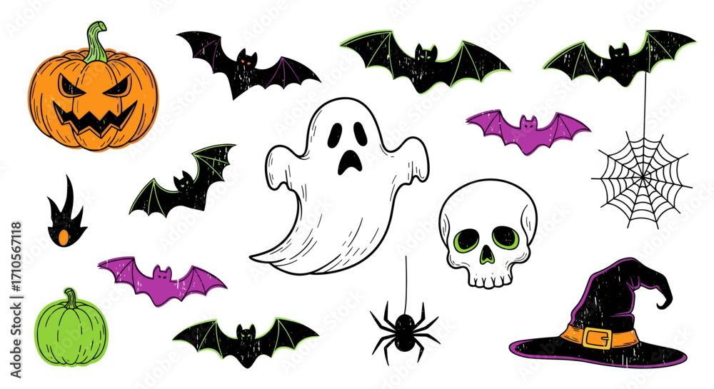 Obraz premium Collection of halloween themed illustrations with bats and pumpkins