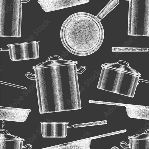 Hand Drawn Vintage Vector Seamless Pattern of Kitchen Cookware. Not AI Generated. Frying Pan, Skillet, Pot, Saucepan Old Style Chalk Board Illustration