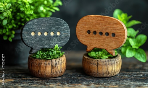 Two wooden speech bubbles, dark and light brown, sit atop small potted plants