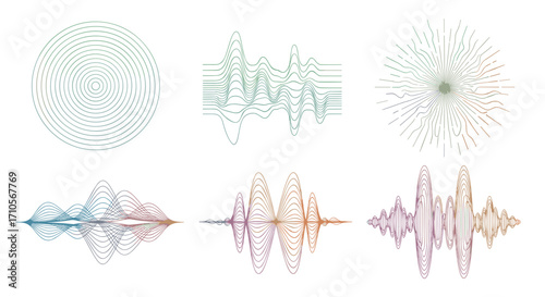 Six abstract designs featuring lines forming patterns and wave shapes art