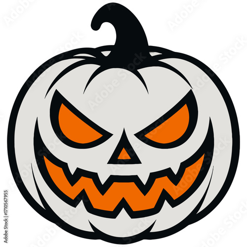 stylized white jack-o'-lantern. Its carved face is orange and has sharp, jagged teeth and narrow, evil-looking eyes.