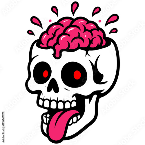 Cartoon skull with pink brain and tongue