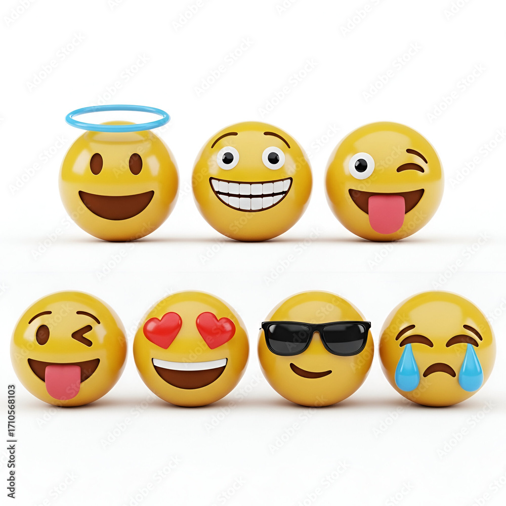 Fototapeta premium Collection of seven expressive emoji faces with different emotions isolated on white background