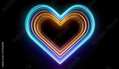 Fototapeta Naklejka Na Ścianę i Meble -  Vibrant neon heart tunnel with glowing concentric rings of light.