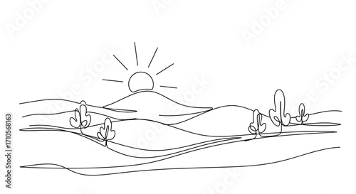 Continuous line drawing of desert landscape with cacti and rising sun