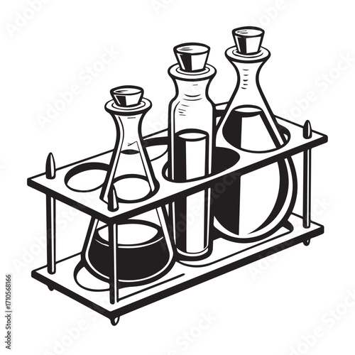 Laboratory glassware rack holding three different types of flasks and beakers with stoppers, isolated on white background