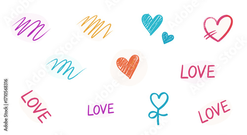 Illustration of hearts and love text in various colors and orientations