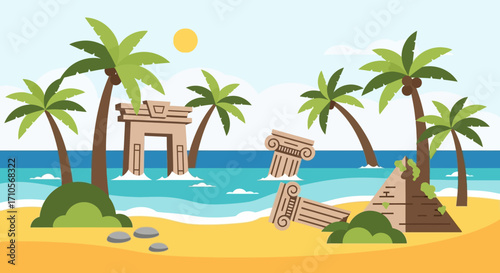Ancient ruins on a tropical beach.