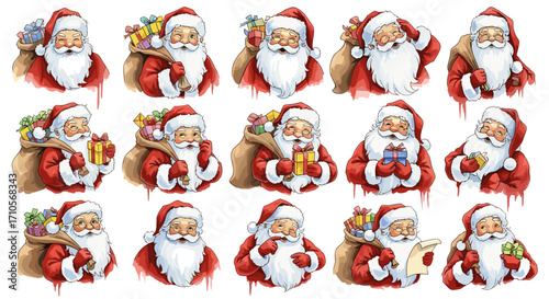 Collection of watercolor santa claus illustrations with gifts and bag