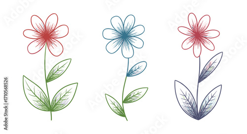 Illustration of three stylized flowers with different colored petals