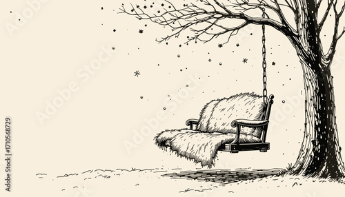 Artistic illustration of a swing hanging from a tree adorned with soft fur, creating a serene atmosphere