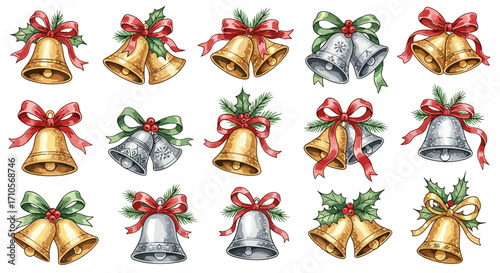 A collection of christmas bells with bows and holly in a seamless pattern