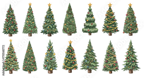 Collection of christmas trees decorated with ornaments and golden stars