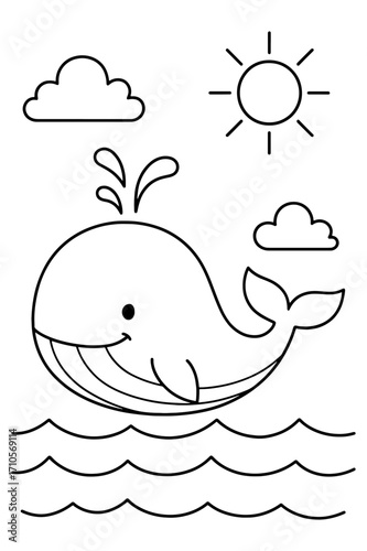 Whale spouting water, adorable cartoon ocean animal coloring book line art