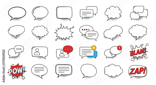 Collection of various speech bubbles and comic style word art designs art