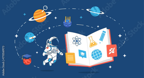 Astronaut exploring the universe of science and knowledge from a book.