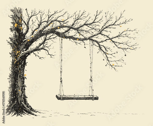 Tree swing in autumn mood hanging on bare branches against a pastel background