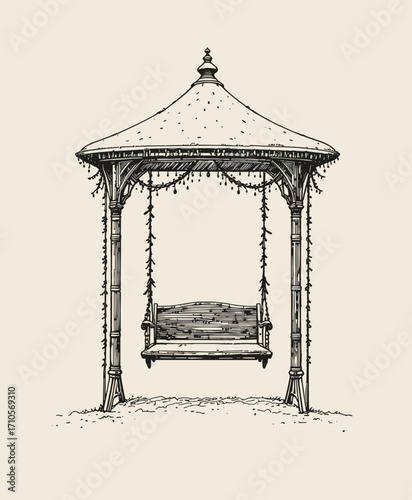 Illustration of a swing under a decorative gazebo adorned with greenery
