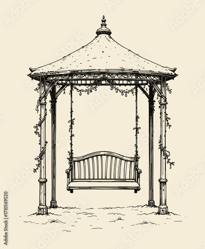 Illustration of a swing under a charming gazebo with decorative vines