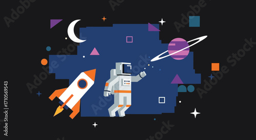 Astronaut in Space with Rocket and Planet Illustration.