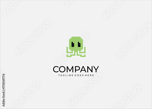 Green Pixel Art Octopus Character – Cute Retro 8-Bit Squid Monster Vector Illustration for Stickers, Video Games, NFT, Digital Assets, T-Shirts, and Graphic Design Projects.