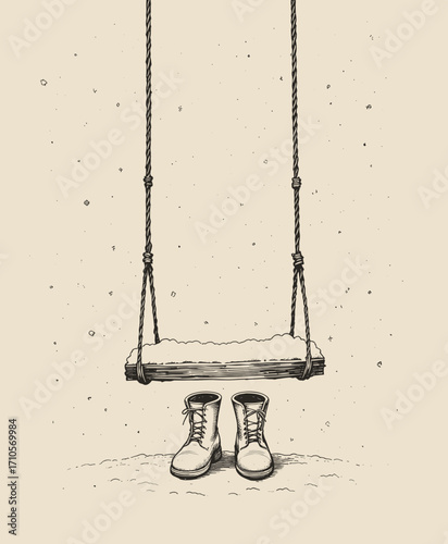 Illustration of a snow-covered swing with a pair of boots beneath, suggesting winter fun
