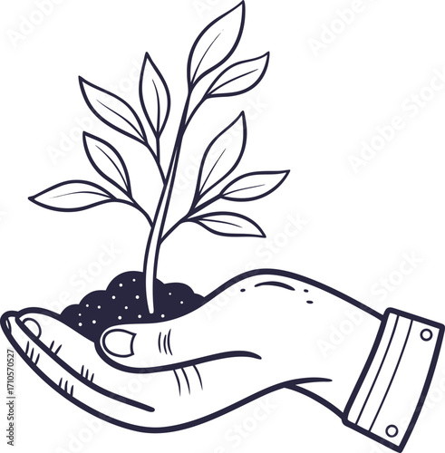 A hand-drawn sketch of a hand gently holding a young plant with soil, symbolizing growth, care, and environmental protection, A conceptual line art illustration of new li