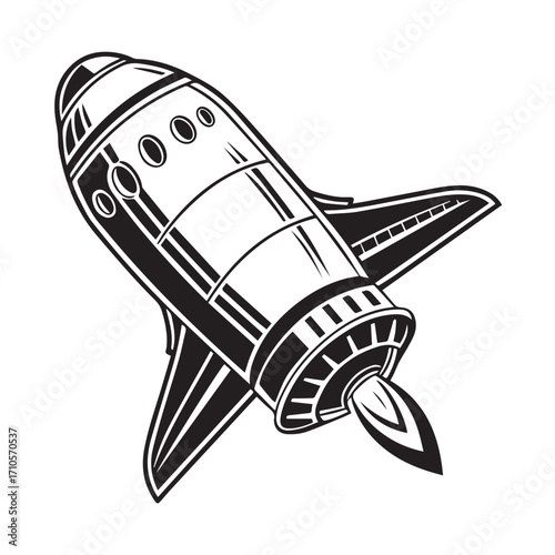 Retro style rocket ship blasting off with fiery exhaust, isolated on white background