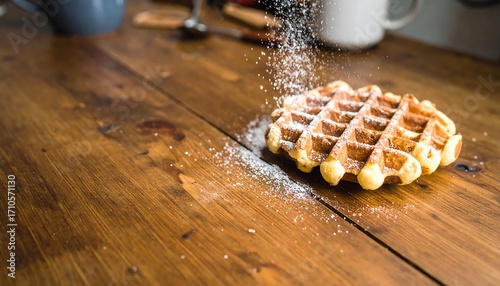 A delicious waffle is dusted with powdered sugar on a rustic wooden surface.