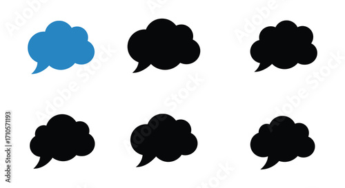 Arrangement of speech bubbles in varying shades and a single blue bubble