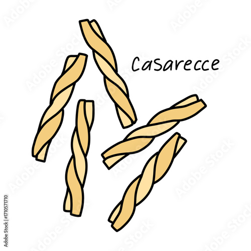 homemade italian twisted pasta casarecce on white background in doodle style