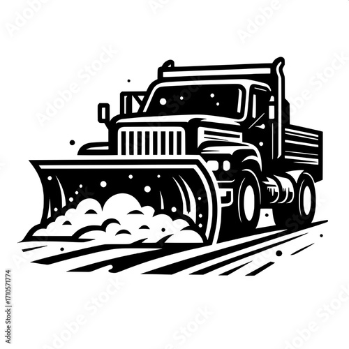Black and White Vector of Snow Plow Truck Clearing Road