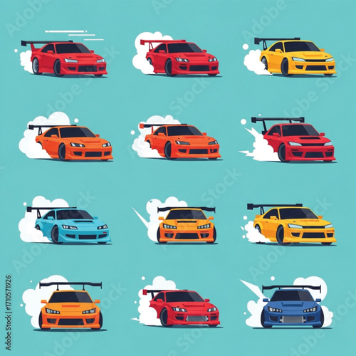 Collection of stylized racing cars with spoilers and smoke effects.