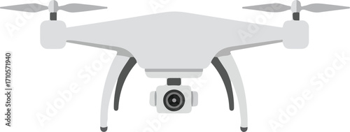 A white drone with four propellers and a camera.