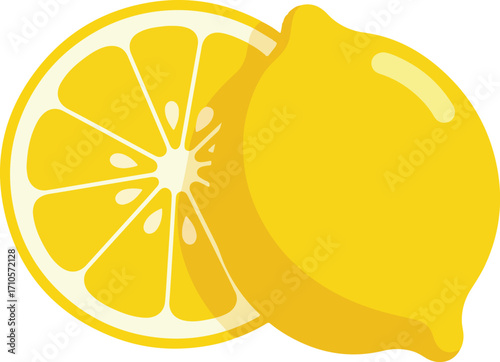 Half lemon and whole lemon, yellow citrus fruit.