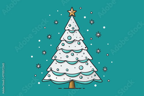 Elegant snow-covered Christmas tree with a star topper and snowflakes vector illustration (