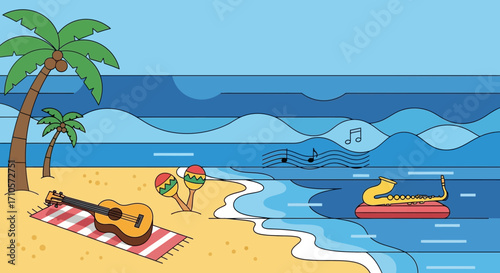Beach Vacation with Music and Instruments Illustration.
