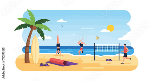 Beach Volleyball Players and Yoga on Sandy Shore.