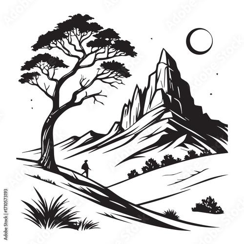 Stylized black and white illustration of a lone hiker walking towards majestic mountains under a crescent moon, evoking a sense of adventure and natures grandeur
