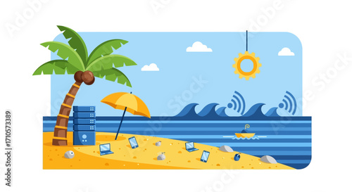 Beachfront Technology - Palm Tree, Servers, and Wireless Waves Illustration.