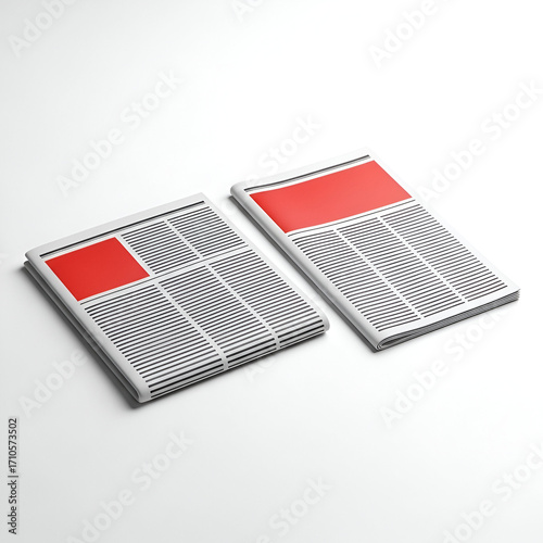 Two newspapers with red blocks for advertising or headlines, isolated on white background